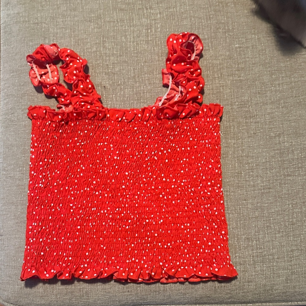 SHEIN Coral Red Polka Dot Smocked Ruffle Tank